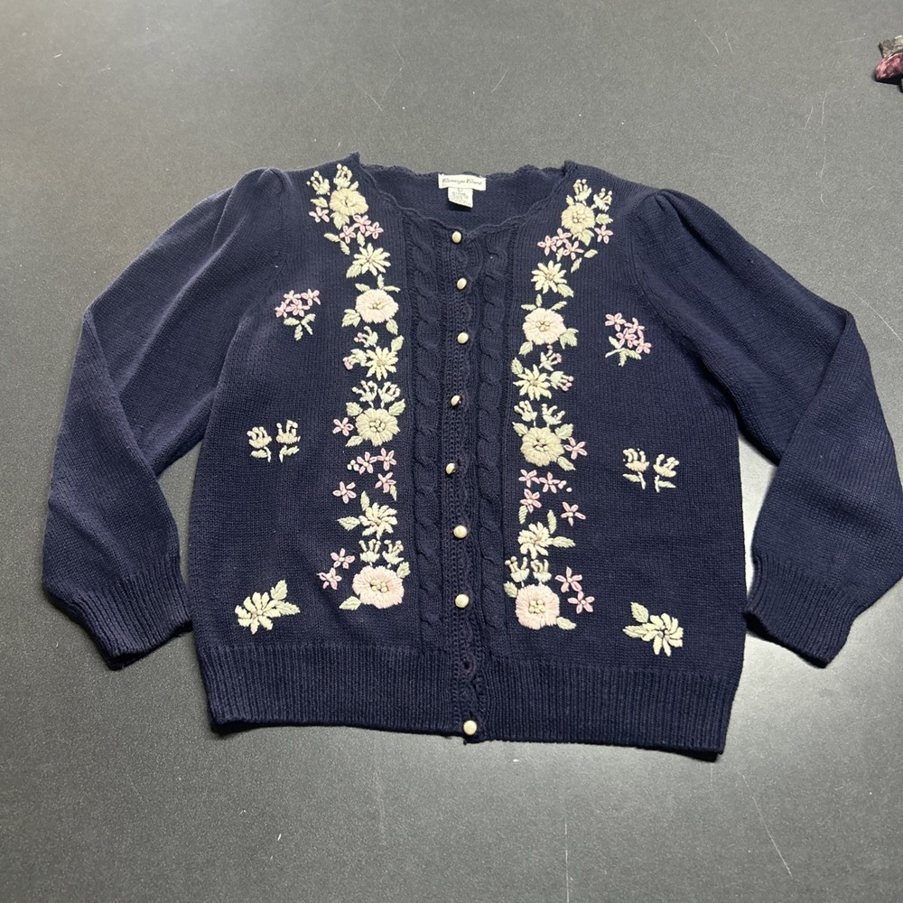 Cottagecore Floral Knit Cardigan Sweater Blue Vintage Grandma Core Sz L Buttons